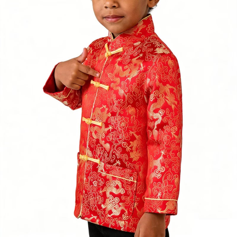 SZCQ Little Boys Dragon Tang Coat Long Sleeve Chinese Clothing Children Costumes Boy Jackets Outfit Tops (Red, 14) - Image 4